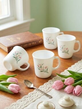 Corelle Rosemarie Mugs Set of 4 Pink Tulip Floral Vintage Milk Glass Cups 9oz